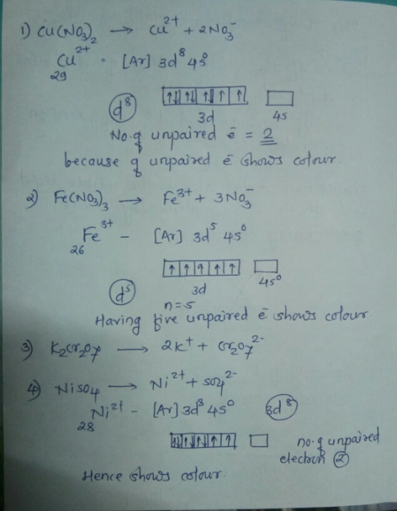 1) Cu (NO) Cut cut + 2NO [Ar] 3d 43 30 45 Nog unpaired è = 2 because of unpaired é shows colour. 2) Fe(NO3) - Fest + 3Nog Fet