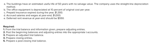a. The buildings have an estimated useful life of 50 years with no salvage value. The company uses the straight-line depreciation method. b. The office equipment is depreciated at 10 percent of original cost per year. c. Prepaid insurance expired during the year, $1,300. d. Accrued salaries and wages at year-end, $1,000. e. Deferred rent revenue at year-end should be $550. Required: 1. From the trial balance and information given, prepare adjusting entrie:s 2. Post the beginning balances and adjusting entries into the appropriate t-accounts 3. Prepare an adjusted trial balance. 4. Prepare closing entries 5. Prepare a post-closing trial balance.