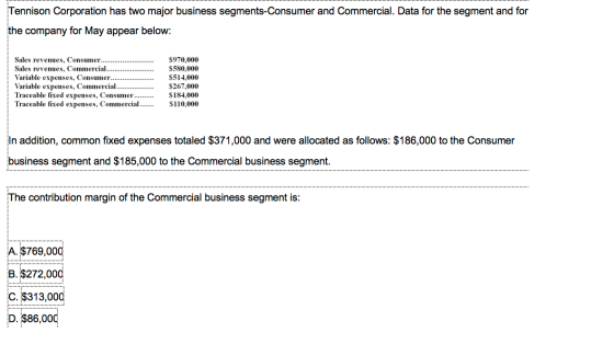 Tennison Corporation has two major business segments-Consumer and Commercial. Data for the segment and for the company for Ma