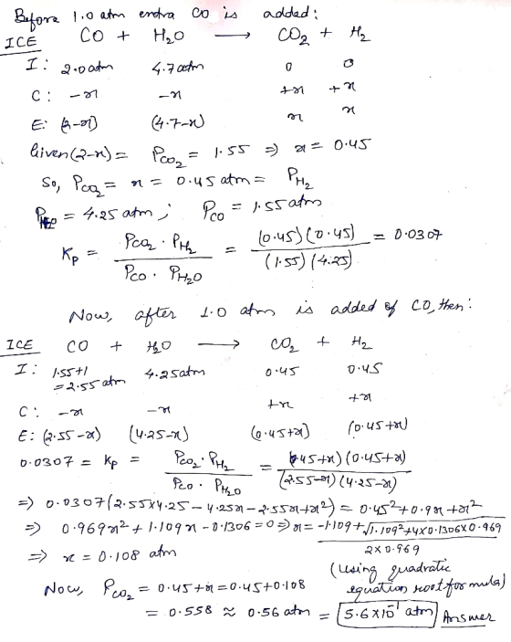 tn tn Before 1.0 atom entra co is added: ICE co + H₂O co + H₂ I: 2.0adon 4.70th ci-n an E: (2-21) (4.7-2) liven (2-2) = Peo =