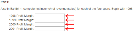 Part B Also in Exhibit 1, compute net income/net revenue (sales) for each of the four years. Begin with 1998. 1998 Profit Margin: 1999 Profit Margin: 2000 Profit Margin: 2001 Profit Margin: