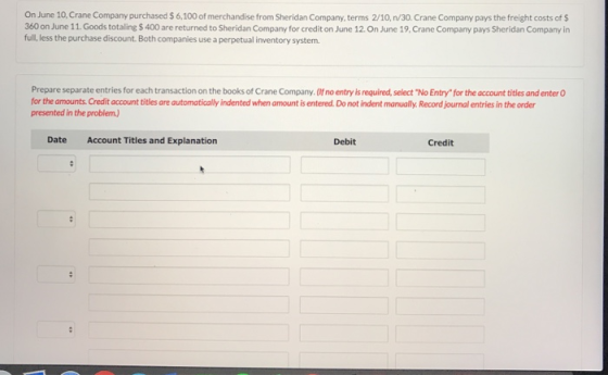 On June 10 Crane Company Purchased 6 100 Of Merchandise From Sheridan 