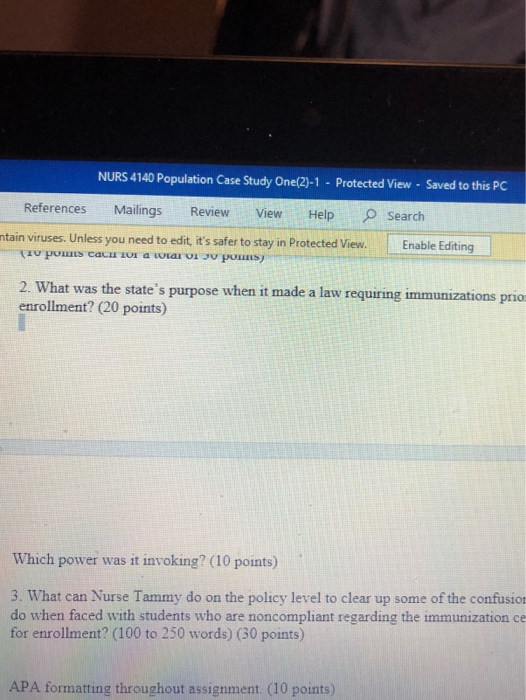 NURS 4140 Population Case Study One(2)-1 Protected View Saved to this PC References Mailings Review View Help OSearch ntain v
