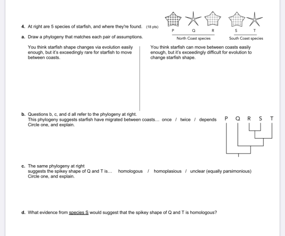 * * 4. At right are 5 species of starfish, and where theyre found. (18 pts) Р Q R S T a. Draw a phylogeny that matches each