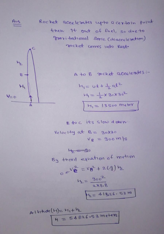 Au Rocket acee lerates upto a certain Pold then า+ out of fu el, so dueto rocket comes vdto Rest A to B cket accolerades - Hi at H= 13 500 meter B toc its slow dow L£ = 9002 41326-53 m 54826.53 meters
