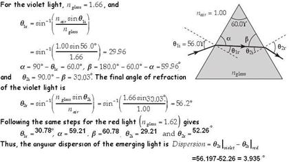 For the violet light, 1.66, and nar = 1.00 600Y 1.00sin 56 θ2r -sin- 29.96 1.66 α-90.-6,ー60.0, β-180.0°-60.0°-α-5996 2slass