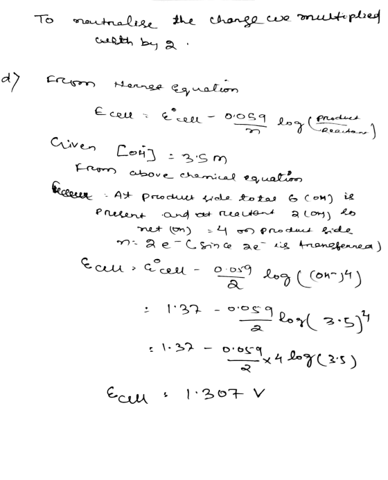 • the chance we multiplied neutralise wath by a from Hernst er nation Ecel Ecell -0.059 log Comoroitar) Cliven Cor] =3.5m fro