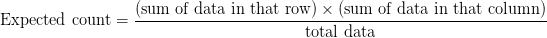 \text{Expected count}=\frac{(\text{sum of data in that row})\times(\text{sum of data in that column})}{\text{total data}}