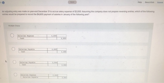 An adjusting entry was made on year-end December 31 to accrue salary expense of $2,000 Assuming the company does not prepare reversing entries, which of the following entries would be prepared to record the $4,600 payment of salarles In January of the following year? Multiple Cholce Salarie 4, 600 4,600 ● 600 Salaries Tayable 2,000 2,000