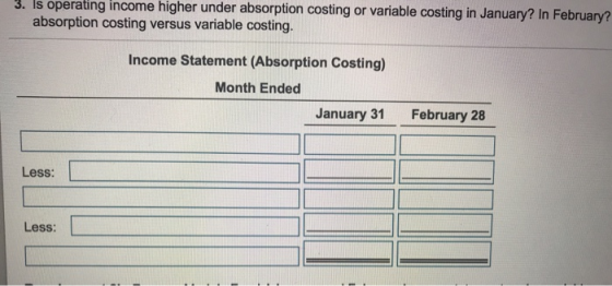 3. Is operating income higher under absorption costing or variable costing in January? In February? absorption costing versus