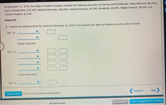 At December 31, 2019, the ledger of Aulani Company includes the following accounts, all having normal balances: Sales Revenue