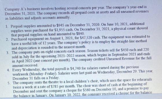 Company As business involves hosting several concerts per year. The companys year-end is December 31, 2021. The company rec