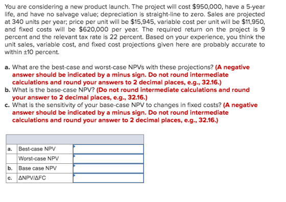 You are considering a new product launch. The project will cost $950,000, have a 5-year life, and have no salvage value; depr