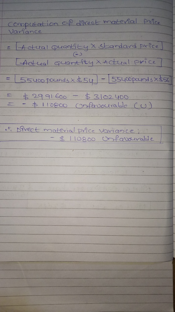 Computetion oe dareat matevial pice Variance -Actual uantityxstandard price LActeal uantftyxActual price 55u00 pocund5xt54-55