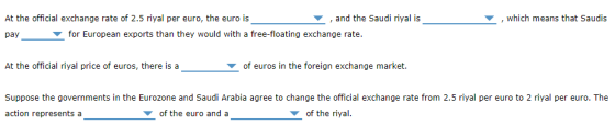 At the official exchange rate of 2.5 riyal per euro, the euro is and the Saudi riyal is which means that Saudis pay for European exports than they would with a free-floating exchange rate At the official riyal price of euros, there is a of euros in the foreign exchange market. Suppose the governments in the Eurozone and Saudi Arabia agree to change the official exchange rate from 2.5 riyal per euro to 2 riyal per euro. The action represents a of the euro and a of the riyal