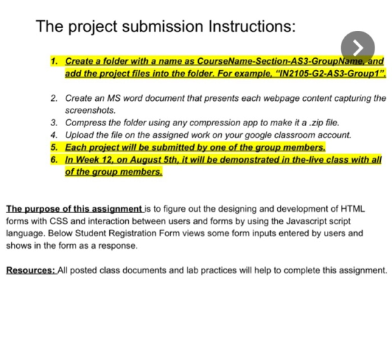 The project submission Instructions: 1. Create a folder with a name as CourseName-Section-AS3-GroupName, and add the project