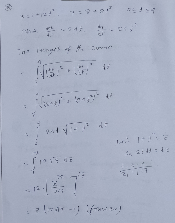 y=8+8+ oct 24 x = 1+1 2+² dy Now, 24t, dhe 2 = 244 length of the curre 4 2 dt + dt 0 4 dt Wizada + (29 87? 4 244 vit pa at Le