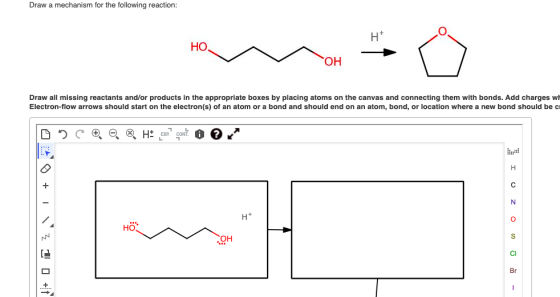 Draw a mechanism for the following reaction: HT HO. OH Draw all missing reactants and/or products in the appropriate boxes by