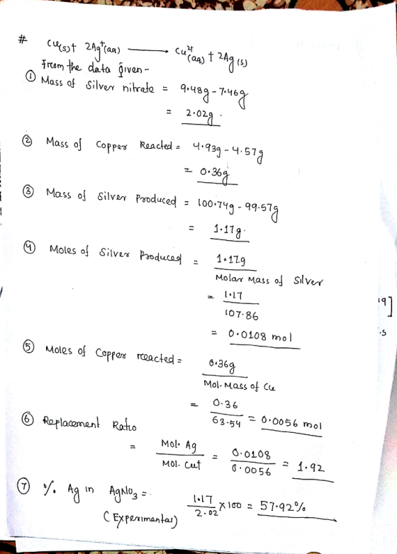 - 2.02 Mass o Coppes Raacled - 4-939-4.57 -362 3 Mass o! Silver Prooduced9.57 1.17 Molar Mass o! Slver 17 a] 19 07.86 0.0108 mol 5 Moles of Coppot troacted-6.36a Mol Mass of Cu -0.36 63.54 0 0056 mol Mol. A 0 0108 ?.00 56 2 1.42 Mol. Cuf