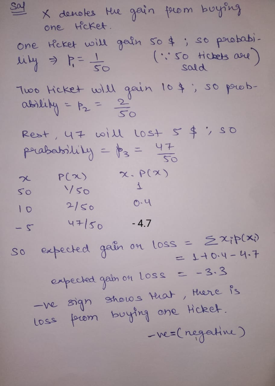 say one 50 sald X denotes the gain from buying Hicket. One ticket will gain 50 $ ; so probabi- lity P, = // ( 50 Hubes are) T