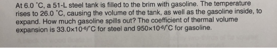 At 6.0 °C, a 51-L steel tank is filled to the brim with gasoline. The temperature rises to 26.0 °C, causing the volume of the