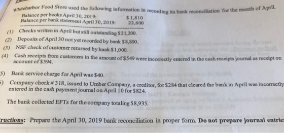 21 seharbor Food Store used the following information in recording its bank reconciliation to recording its bank reconciliati
