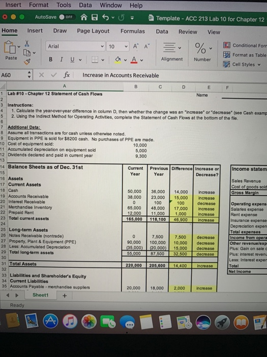 Insert Format Tools Data Window Help AutoSave ACC 213 Lab 10 for Chapter 12 OFF Template Page Layout Home Insert Draw Formula