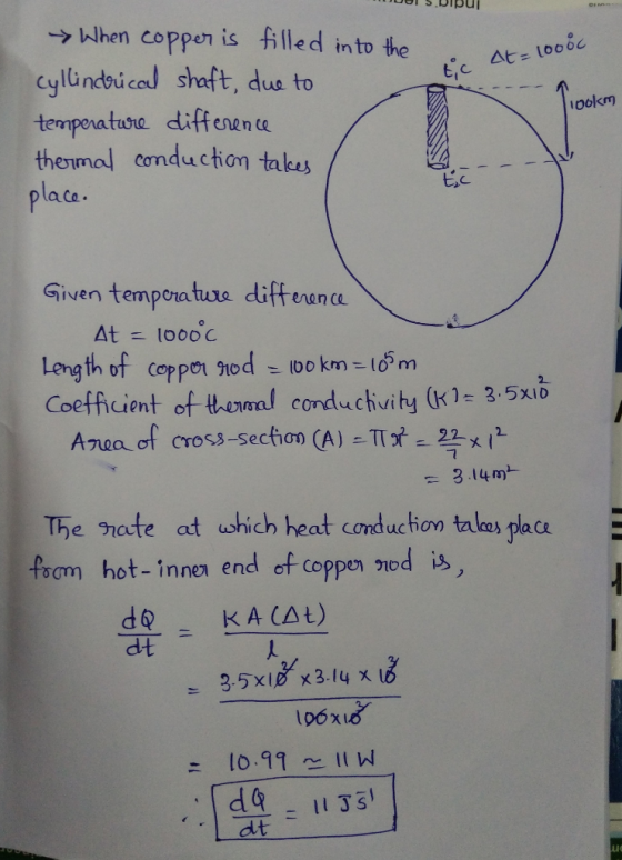 bi s.brou ->When coppen is filled into the cylündbiced shaft, due to temperatioe differen e thermal conduction takey laco .. △t t,c ookm Given tempera ture diff enan a At 1000C Length of coppoi nod bokm - 15 m Coefficient of thoimal conduchuity (k1- 3.5xuD Coethuent of Azea of cross-section (A) -Tx2 1 The nate at uohich heat conduc ton taes plac is Pom hot-innen end of copper snod is from hot- innes end of coppo 3.5W 3.14 x 16 s 1o.11lW dt Lic