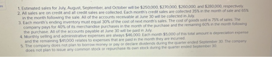 1. Estimated sales for July, August September, and October will be $250,000, $270,000 $260,000, and $280,000, respectively, 2