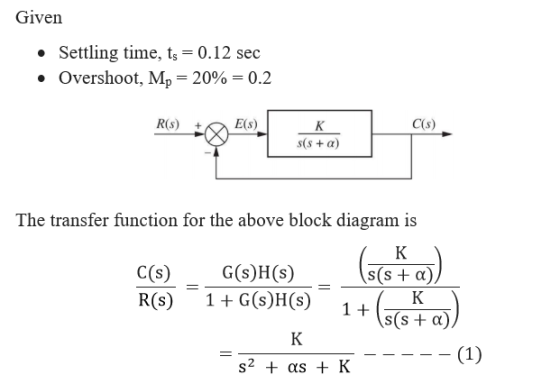 Given • Settling time, ts = 0.12 sec • Overshoot, Mp = 20% = 0.2 R(S) E(S) C(s) K s(s + a) (sro = The transfer function for t