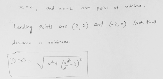 X = 2 and x=-2 point of minima. are and (+2, 2) (2, 2) landing points (+2, 2) reach that distance is minimene D(x) = ✓ **+ (2
