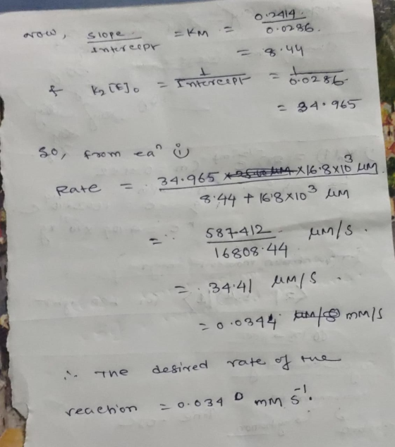 2 024142 slope - = km = 0.0286 Intercopr = 8.44 KIE]. - Intercept = 0.0286 - 34.965 & go, from ea ů Rate = 34.965 tefte um X