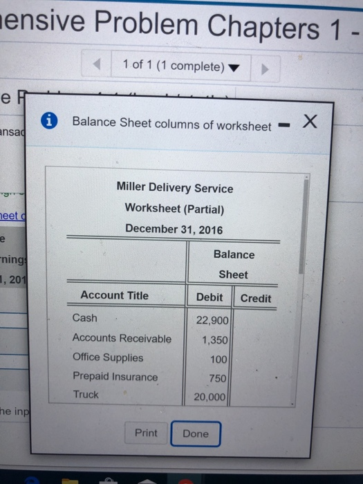 ensive Problem Chapters 1 - 1 of 1 (1 complete) 2H 0 Balance Sheet columns of worksheet - nsa Miller Delivery Service Workshe
