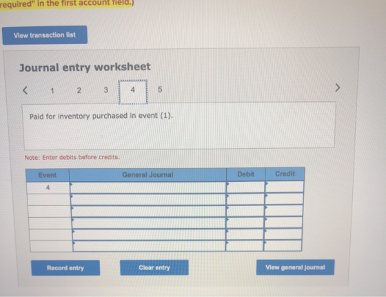required in the first account field.) View transaction list Journal entry worksheet < 2 3 4 5 > Paid for inventory purchased