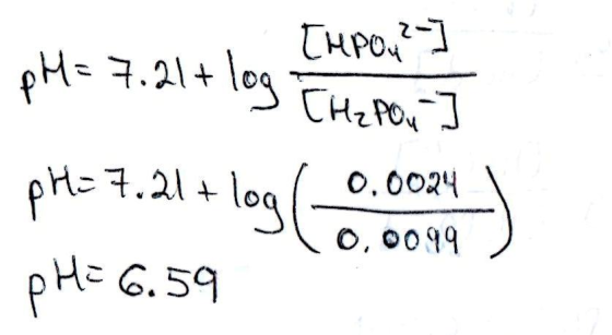 Topou?-] PO pH = 7.21+ log Thement pH=7.21 +log (-0.0024 pH = 6.59 0,0099