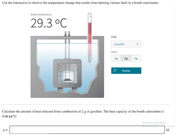 Use the interactive to observe the temperature change that results from burning various fuels in a bomb calorimeter. Water te