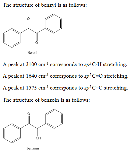 The structure of benzyl is as follows: Benzil A peak at 3100 cm1 corresponds to sp C-H stretching. A peak at 1640 cm1 corresp