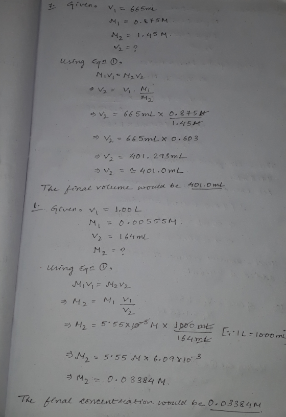 Given VI665ML 21 0-8t 5M M2=1.45 M lsing kqa MIVIENZV N. MI M2 9 P 5 mL X 0.875 M 1.45AM 66. 5ml x o.60 3 401. 298ML The fina