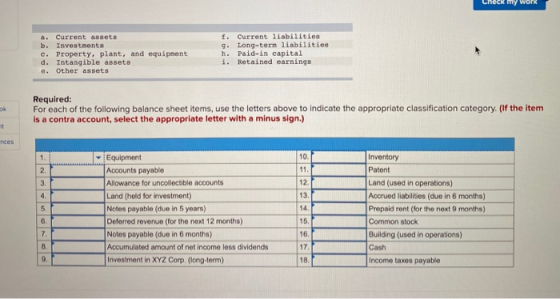 Check my work a. Current assets b. Investments c. Property, plant, and equipment d. Intangible assets e. Other assets f. Curr