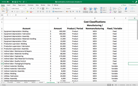 AutoSave OFF Esu = ExcelAnalytics_CostConcepts_Template (1) Home Insert Draw Page Layout Formulas Data Review View Tell me Sh