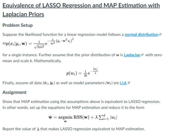 Equivalence of LASSO Regression and MAP Estimation with Laplacian Priors Problem Setup Suppose the likelihood function for a