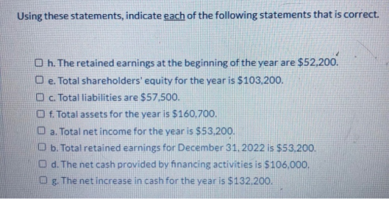 Using these statements, indicate each of the following statements that is correct. Oh. The retained earnings at the beginning