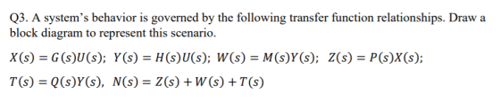 Q3. A systems behavior is governed by the following transfer function relationships. Draw a block diagram to represent this