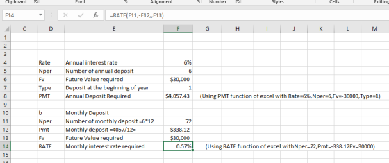 Clipboard Font Alignment Number Styles Cells Editing F14 =RATE(F11,-F12,F13) Н Annual interest rate 6% 4 Rate Number of annua