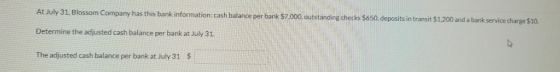 At July 31, Blossom Company has this bank information: cash balance per bank $7.000, outstanding checks $650, deposits in tra