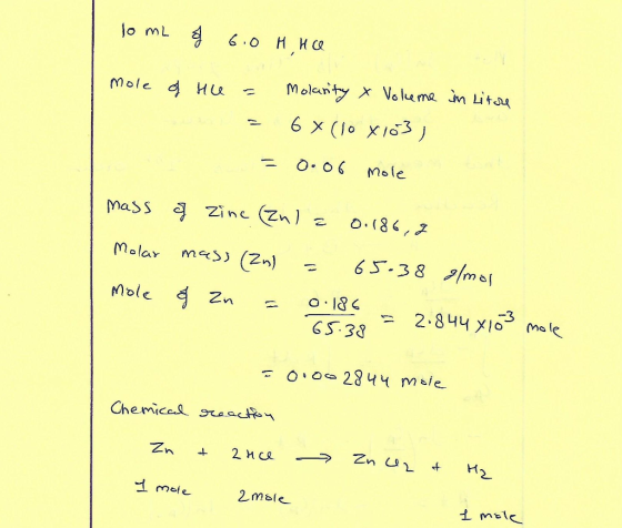 10 mL § 6.0 HHO mole of He = = = Molanity & Volume in Litore 6 x (lo X103j 0.06 mole mass of zinc (znla 0.186,2 Molar mass (z
