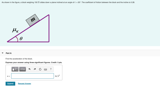 As shown in the figure, a block weighing 150 N slides down a plane inclined at an angle of i = 35º. The coefficient of fricti