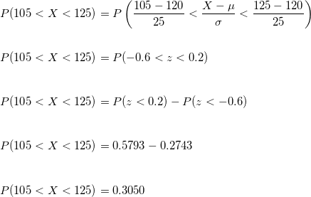 \small \\ P( 105<X < 125) = P\left ( \frac{105 - 120}{25} <\frac{ X - \mu}{\sigma} < \frac{125 - 120}{25} \right ) \\\\ \\ P( 105<X < 125)= P (-0.6 < z<0.2) \\\\ \\ P( 105<X < 125) = P(z < 0.2 ) - P(z < -0.6) \\\\ \\ P( 105<X < 125) = 0.5793 - 0.2743 \\\\\\ P( 105<X < 125) = 0.3050