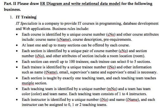 Part. II Please draw ER Diagram and write relational data model for the following business. 1. IT Training IT Specialists is