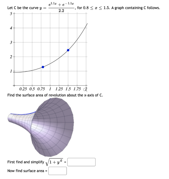 21.12 1.12 Let C be the curve y = +e 2.2 for 0.8 < x < 1.5. A graph containing C follows. 5 - 4 3 2 1 0.25 0.5 0.75 1.25 1.5